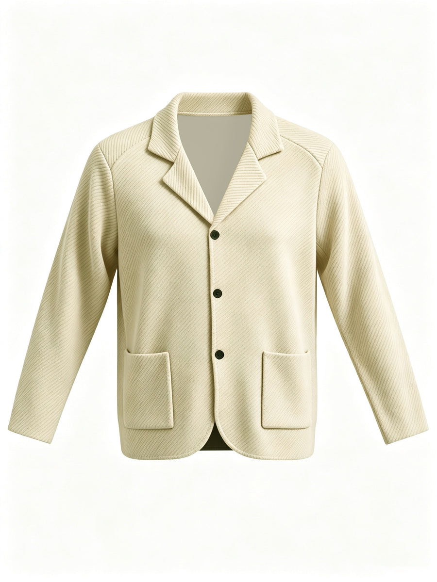 Men'S Spring Autumn New Pinstripe Textured Fabric Blazer Collar Cardigan Single Button Double Pocket Business Casual All-Match Long Sleeve Jacket, Knit Soft Comfortable Fashion Solid Color Outerwear Suitable for Daily Outings, Dates, Holidays - Khaki