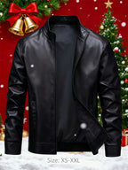 Men's Black PU Jacket - Classic Stand Collar, Zipper Closure, High-Quality Fashionable and Comfortable Outerwear, Standard Sizes XS-XXL, for Daily, Casual Wear and Christmas Occasions, High-Quality and Versatile, Durable and Soft, the Perfect, Winter - Black