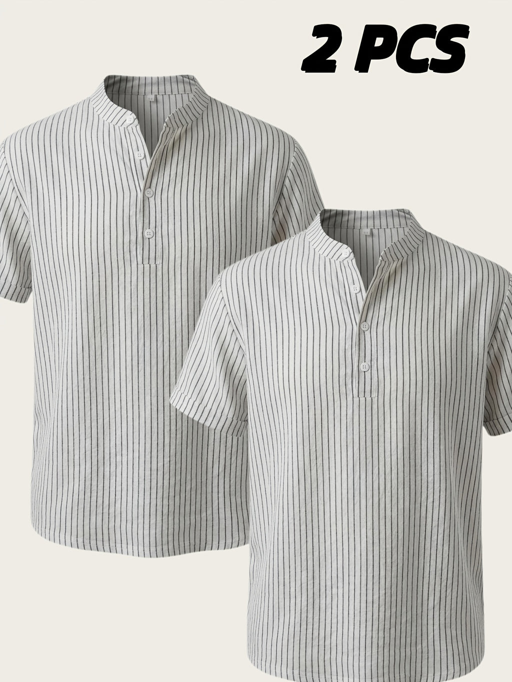 Josh Rose OBM 2pcs Men's Henley Shirts, Men's Summer Short Sleeve Regular Fit, Lightweight and Breathable, 95% Linen, Solid and Striped in Black and White, Features 4 Buttons, Suitable for Summer Daily Work, Casual, and Vacation Occasions - White+White