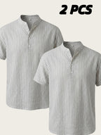 Josh Rose OBM 2pcs Men's Henley Shirts, Men's Summer Short Sleeve Regular Fit, Lightweight and Breathable, 95% Linen, Solid and Striped in Black and White, Features 4 Buttons, Suitable for Summer Daily Work, Casual, and Vacation Occasions - White+White