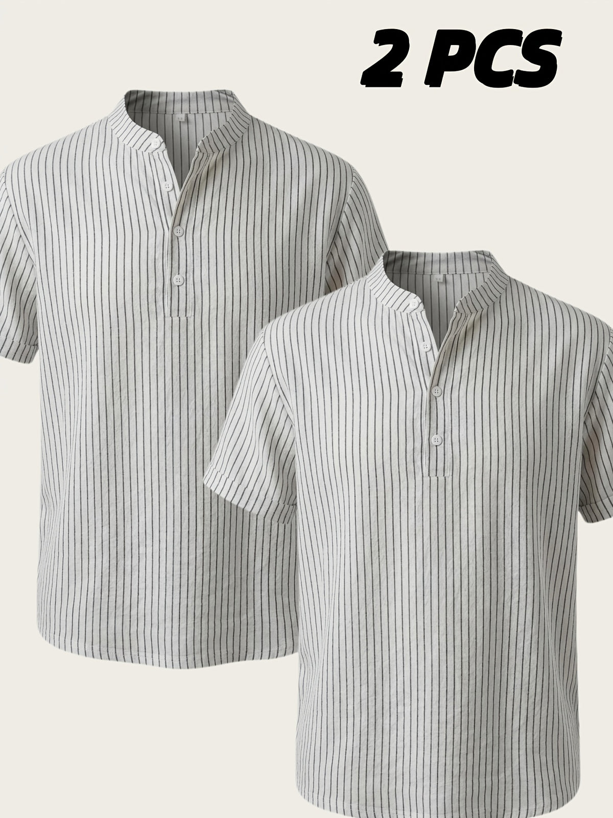 Josh Rose OBM 2pcs Men's Henley Shirts, Men's Summer Short Sleeve Regular Fit, Lightweight and Breathable, 95% Linen, Solid and Striped in Black and White, Features 4 Buttons, Suitable for Summer Daily Work, Casual, and Vacation Occasions - White+White