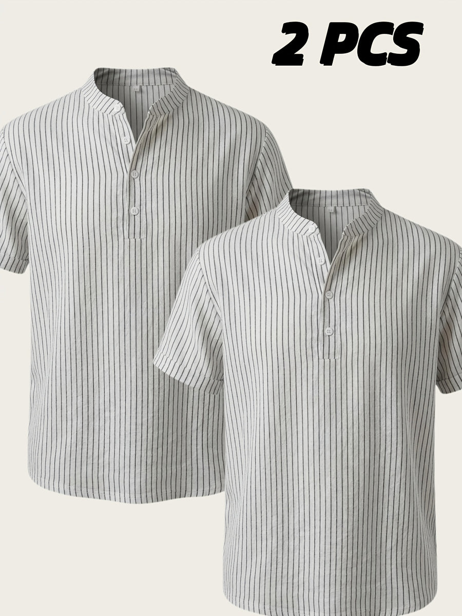Josh Rose OBM 2pcs Men's Henley Shirts, Men's Summer Short Sleeve Regular Fit, Lightweight and Breathable, 95% Linen, Solid and Striped in Black and White, Features 4 Buttons, Suitable for Summer Daily Work, Casual, and Vacation Occasions - White+White