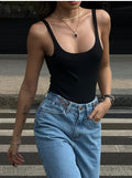 Women's Sexy & Comfortable Sleeveless Low Neck Backless Tank Top - Solid Color X-Silhouette Regular Fit, Breathable Mid-Stretch Fabric, Machine Washable Summer Casual Wear, Everyday Comfort Clothing, Fashion Forward Apparel, Medium Elasticity Fabric - Black