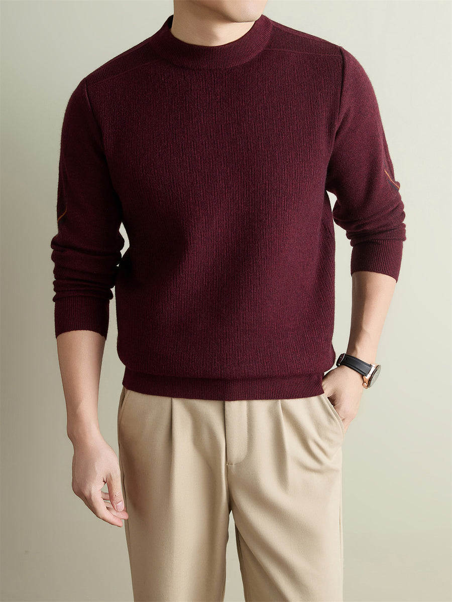 Autumn Winter Knit 3D Solid Round Neck Sweater, Basic Knit Pullover Top for Men, Fashionable Long Sleeve Sweater, Size Y - Dark Red