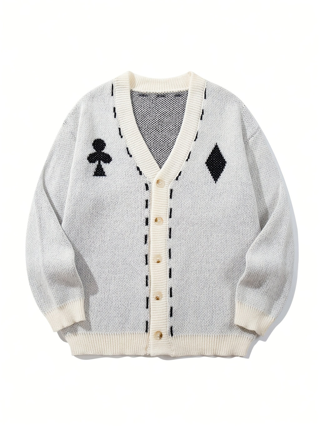 Autumn Winter New Men'S Poker Element Cardigan Sweater, Fun Checkered Contrast V-Neck Knit Jacket, Casual Outerwear - Apricot
