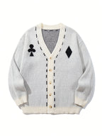 Autumn Winter New Men'S Poker Element Cardigan Sweater, Fun Checkered Contrast V-Neck Knit Jacket, Casual Outerwear - Apricot