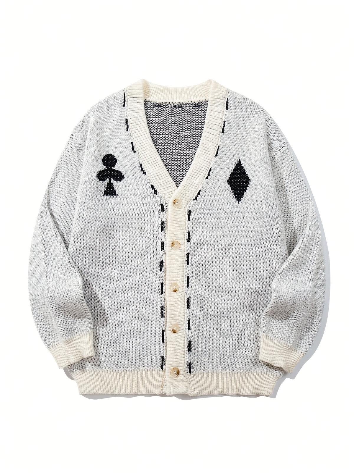 Autumn Winter New Men'S Poker Element Cardigan Sweater, Fun Checkered Contrast V-Neck Knit Jacket, Casual Outerwear - Apricot
