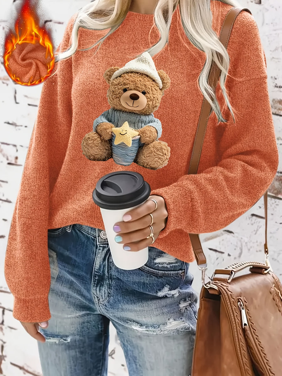 Autumn And Winter Animal Cartoon Pattern Printed Design Women'S Casual Warm Round Neck Sweater for The Fall And Winter Season - Orange