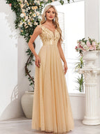 Fashionable Sexy New Women'S Sequin Mesh Patchwork A-Line Party Dress - Apricot