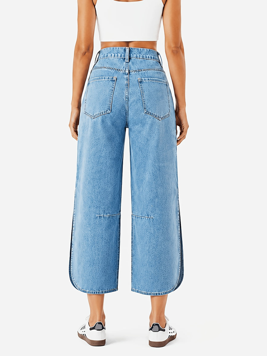 Women's Non-Stretch Vintage Versatile Casual Fashionable Elegant Mid-Waist Pocket Machine Washable Durable Slit Multi-Functional Loose Straight-Leg Cropped Jeans Streetwear Trendy Style - Bright Steel Blue