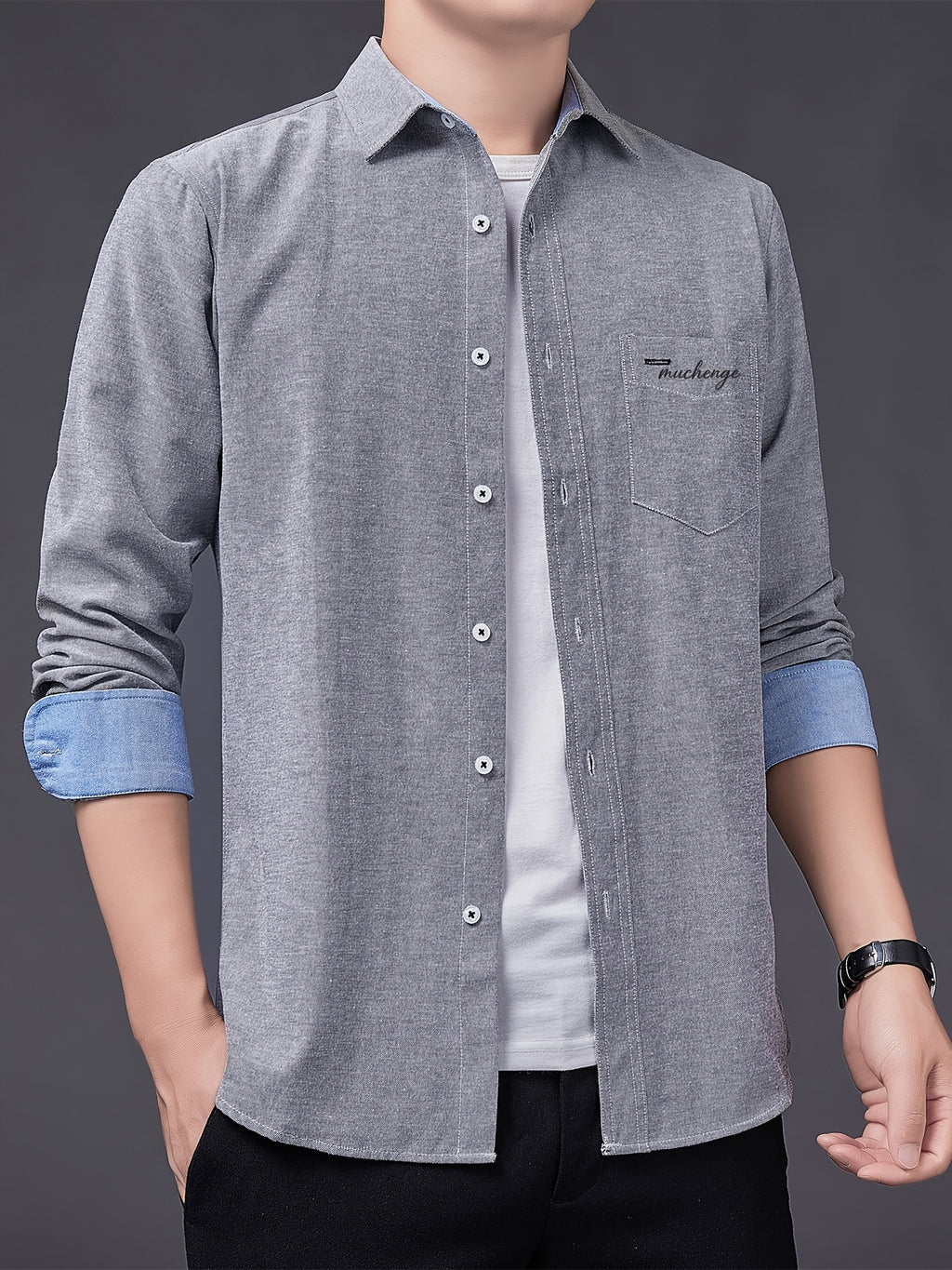 Men's Oxford Cloth Long-Sleeve Shirt for Spring/Autumn, with Lapel Collar, Simple Pocket, and English Print Decoration. Features Contrast Color Cuffs and Collar Design. A Versatile Basic Shirt for Business Casual Wear, Available in Multiple Colors - Grey