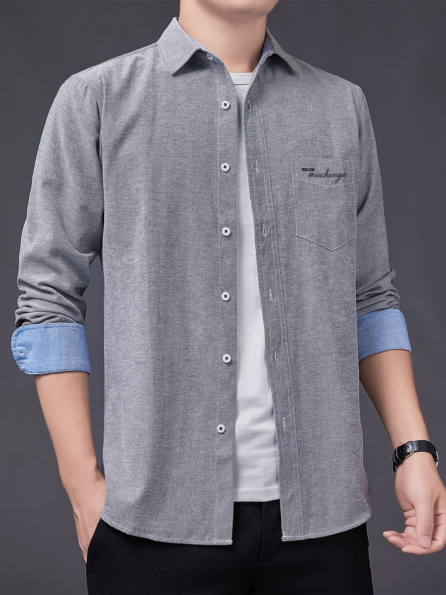 Men's Oxford Cloth Long-Sleeve Shirt for Spring/Autumn, with Lapel Collar, Simple Pocket, and English Print Decoration. Features Contrast Color Cuffs and Collar Design. A Versatile Basic Shirt for Business Casual Wear, Available in Multiple Colors - Grey