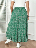 French-Style Floral Print Flowy Half-Skirt, High-Waisted Irregular Ruffle Hem Maxi Skirt - Green Small Florals