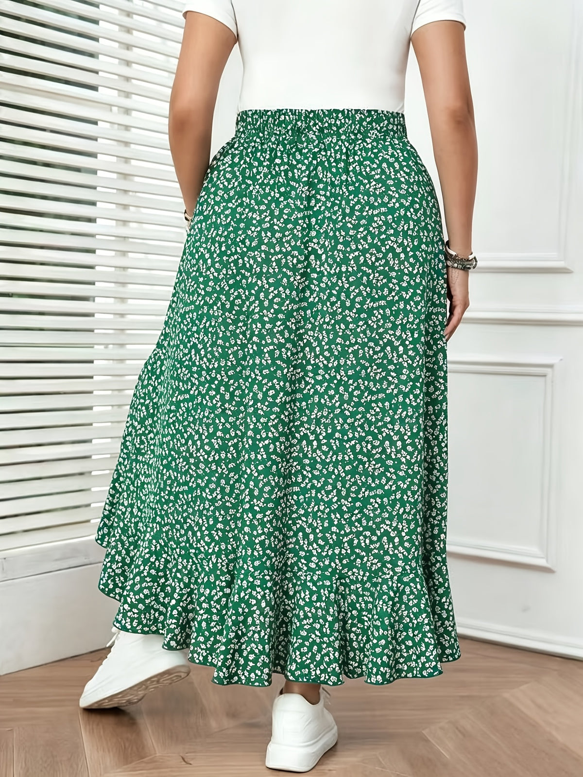 French-Style Floral Print Flowy Half-Skirt, High-Waisted Irregular Ruffle Hem Maxi Skirt - Green Small Florals