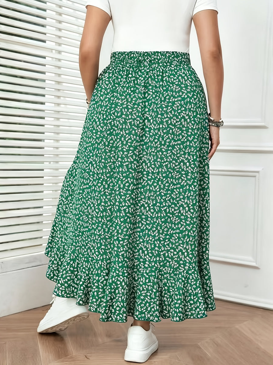 French-Style Floral Print Flowy Half-Skirt, High-Waisted Irregular Ruffle Hem Maxi Skirt - Green Small Florals