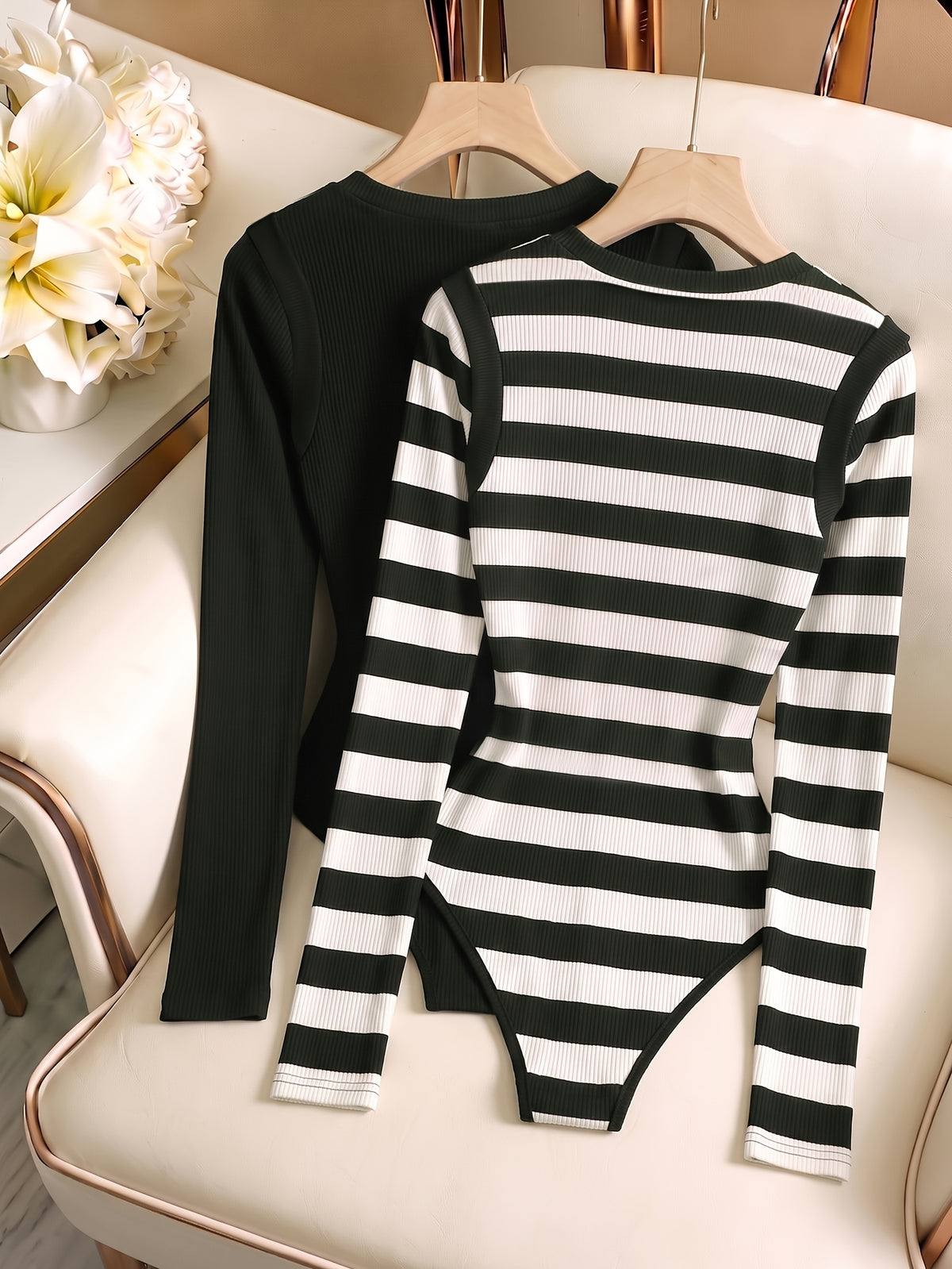 2pcs Set Spring Autumn Easy Temperament Fashion V-Neck Long Sleeve Jumpsuit Women'S Shoulder Buckle Decor Premium Contrast Color Fitted Jumpsuit - Black and white contrast + black