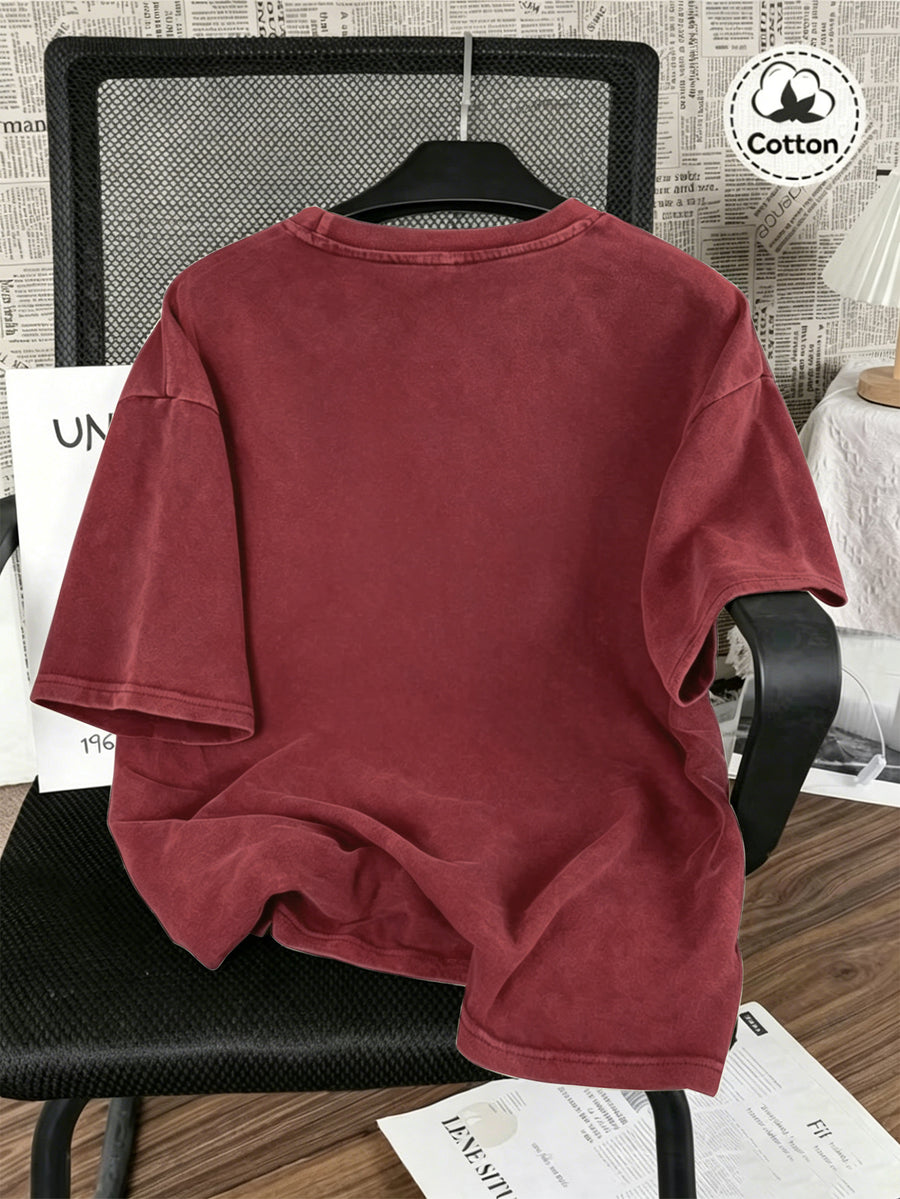 Vintage Washed Distressed Print Men'S Short-Sleeve Top, Soft Pure Loose T-Shirt, Breathable Casual Clothing for Outdoor Trip Summer And Early Autumn - Red