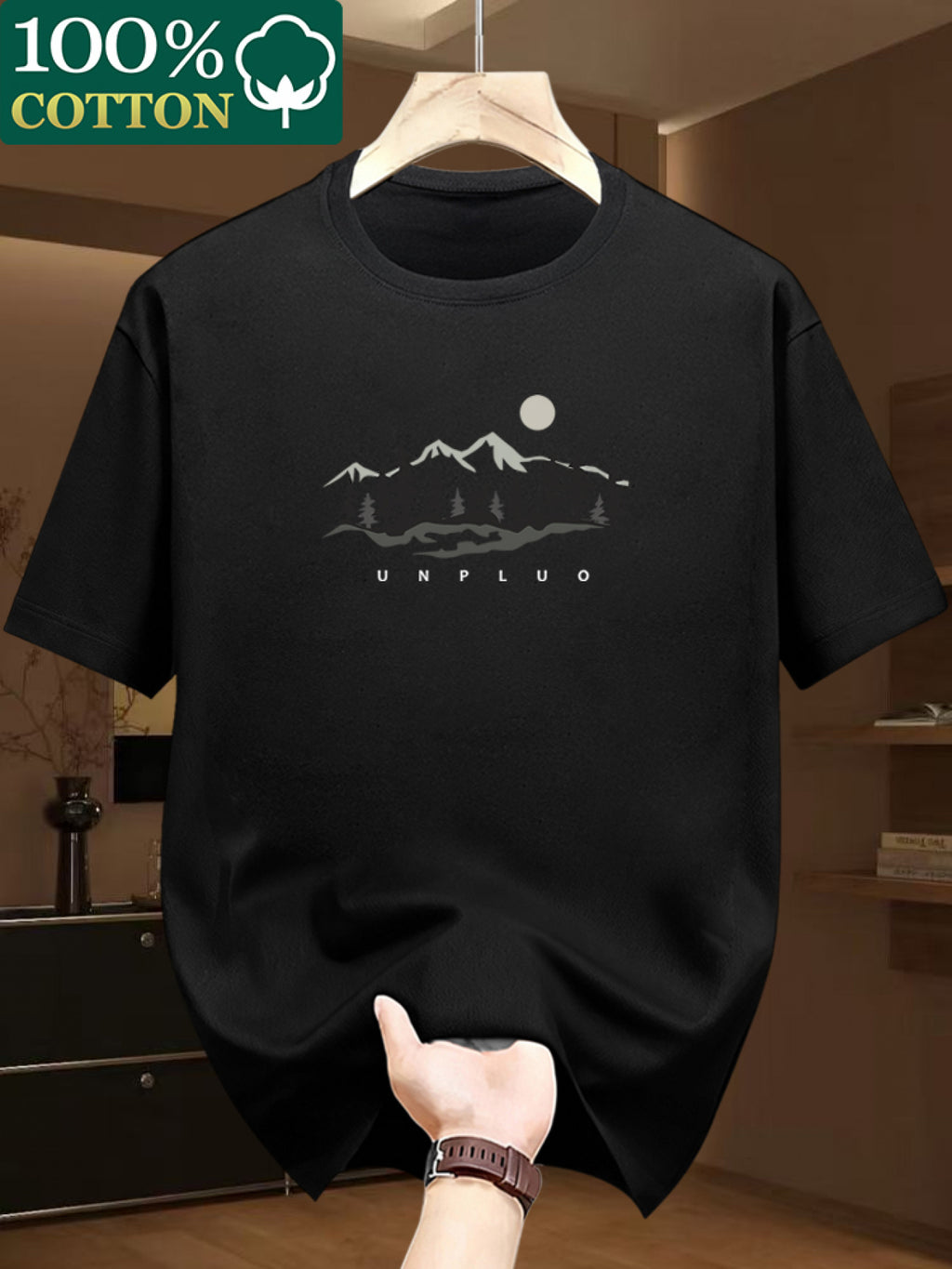 100% Cotton. Men's Short-sleeve T-shirt. Fashionable Tree Pattern, Summer Short-sleeve Casual Men's Fashion. Versatile Base Layer. Suitable for Outdoor Casual Wear - Black