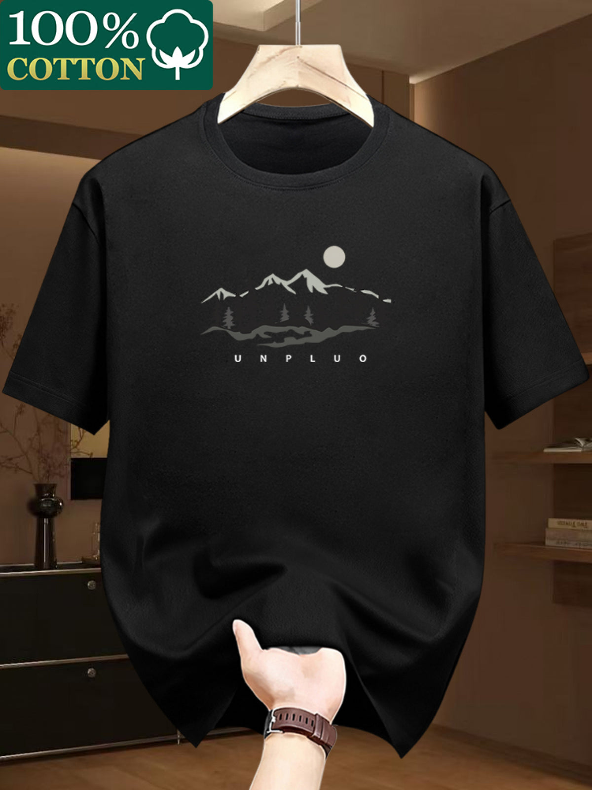 100% Cotton. Men's Short-sleeve T-shirt. Fashionable Tree Pattern, Summer Short-sleeve Casual Men's Fashion. Versatile Base Layer. Suitable for Outdoor Casual Wear - Black