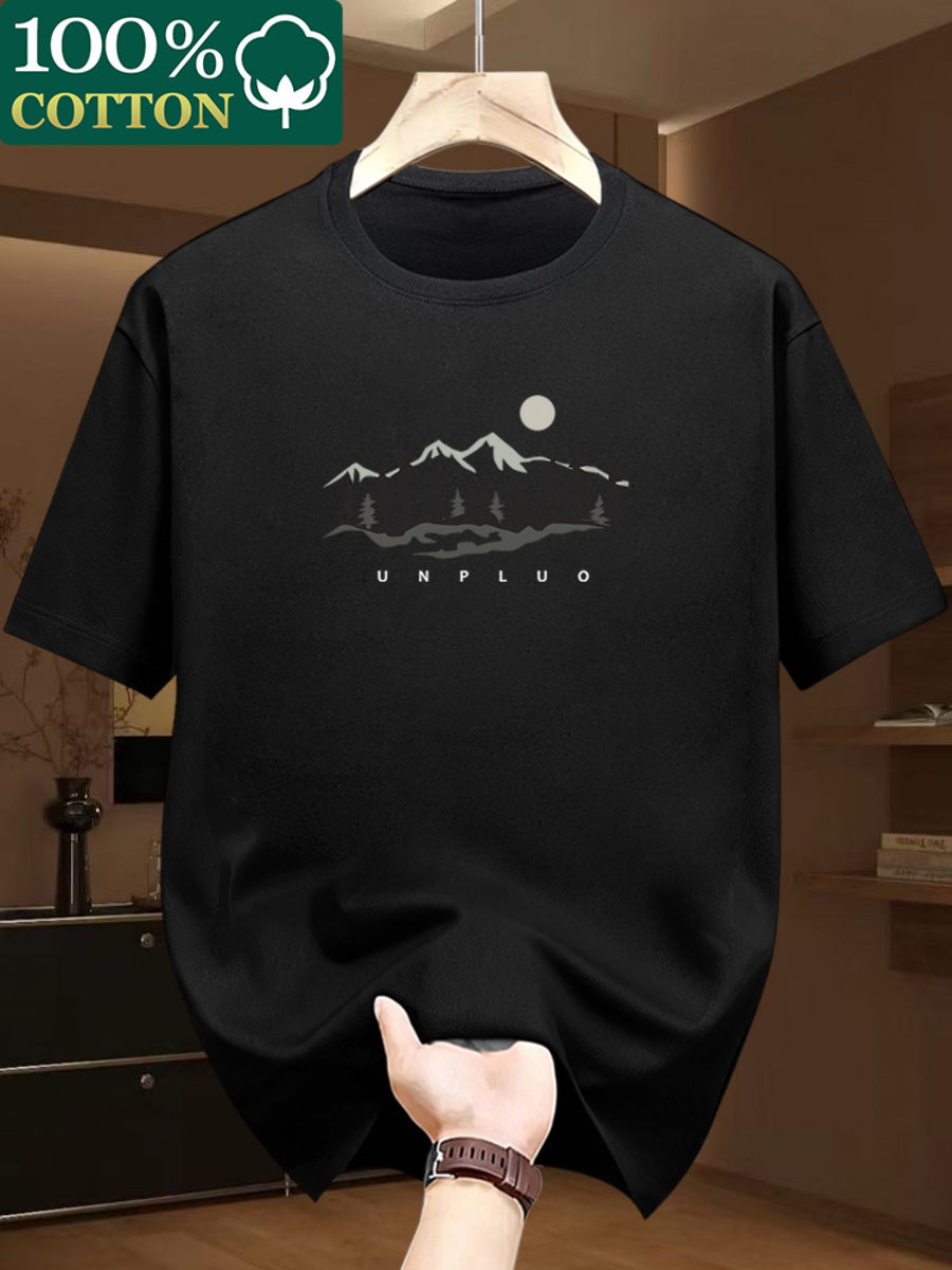 100% Cotton. Men's Short-sleeve T-shirt. Fashionable Tree Pattern, Summer Short-sleeve Casual Men's Fashion. Versatile Base Layer. Suitable for Outdoor Casual Wear - Black