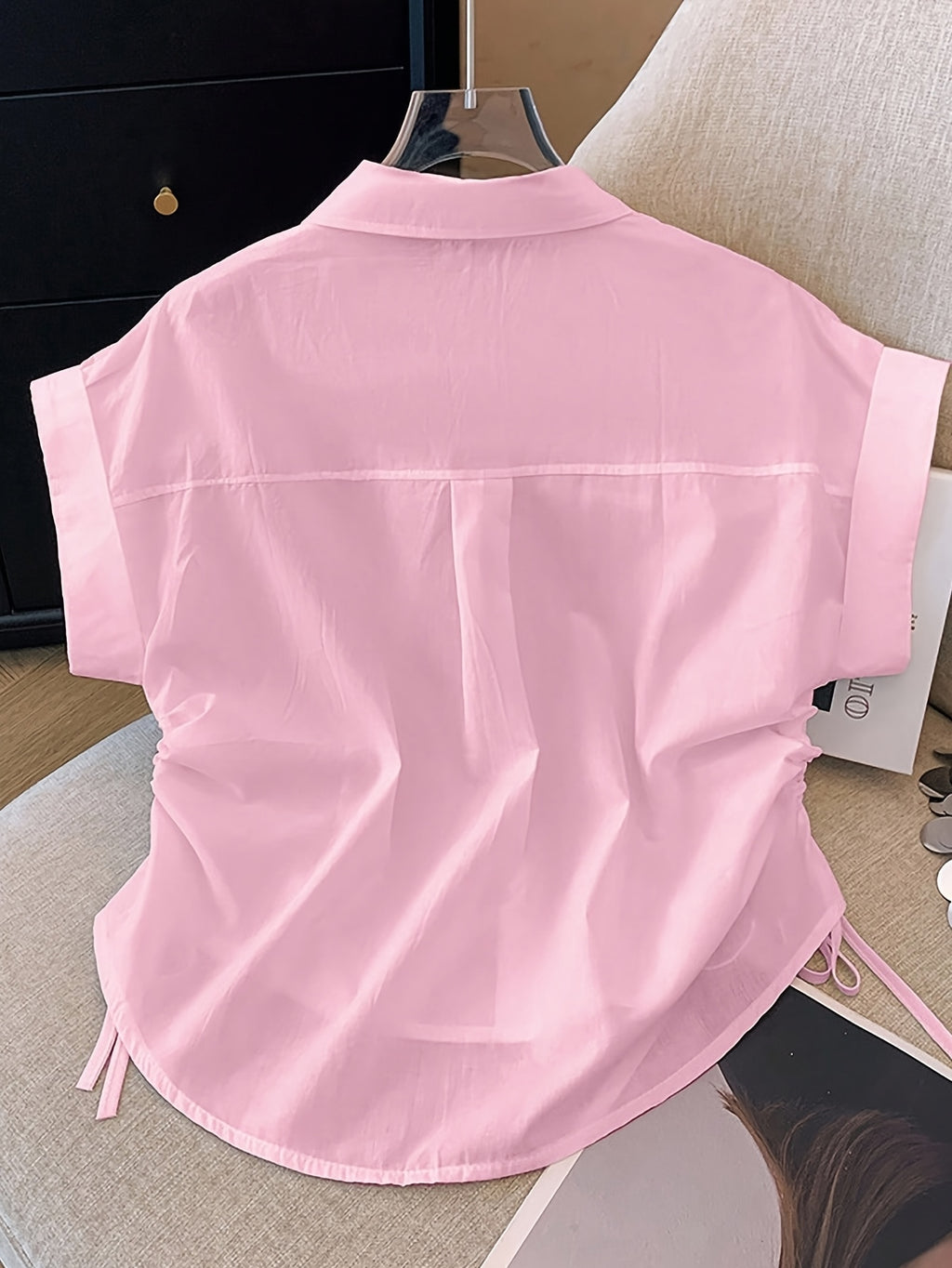 Women's Casual Short-Sleeve Single-Breasted Button-Up Short Shirt with Drawstring, Simple Loose Fit Top for Outings and Commuting, Suitable for Summer - Pink 2