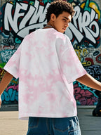 Men's American Tie-Dye Short Sleeve Street Style Shark Print Tie-Dye T-Shirt - Pink Color