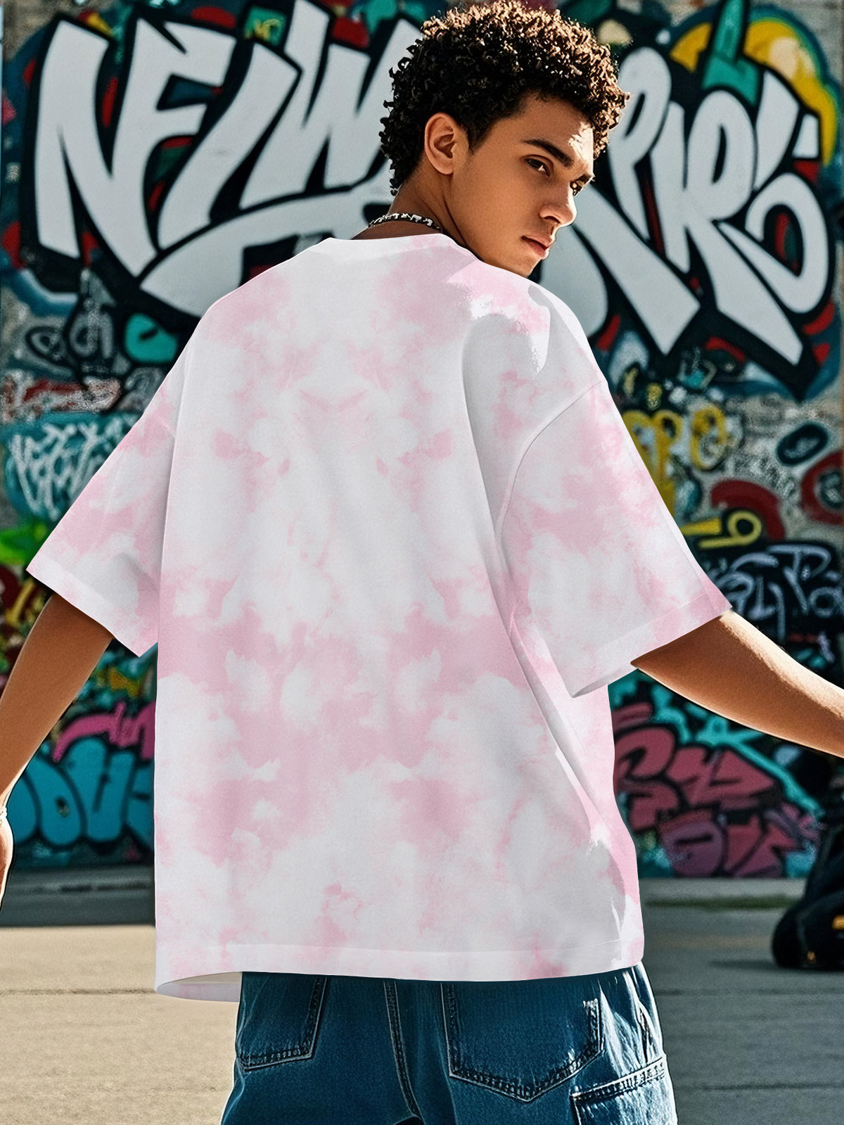 Men's American Tie-Dye Short Sleeve Street Style Shark Print Tie-Dye T-Shirt - Pink Color