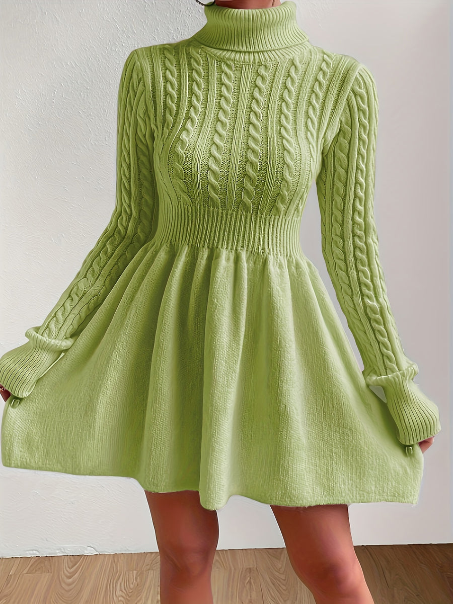 High-Neck Pink Mini Sweater Dress A-Line Dress Christmas Sweater Dress for Women - Yellow-green