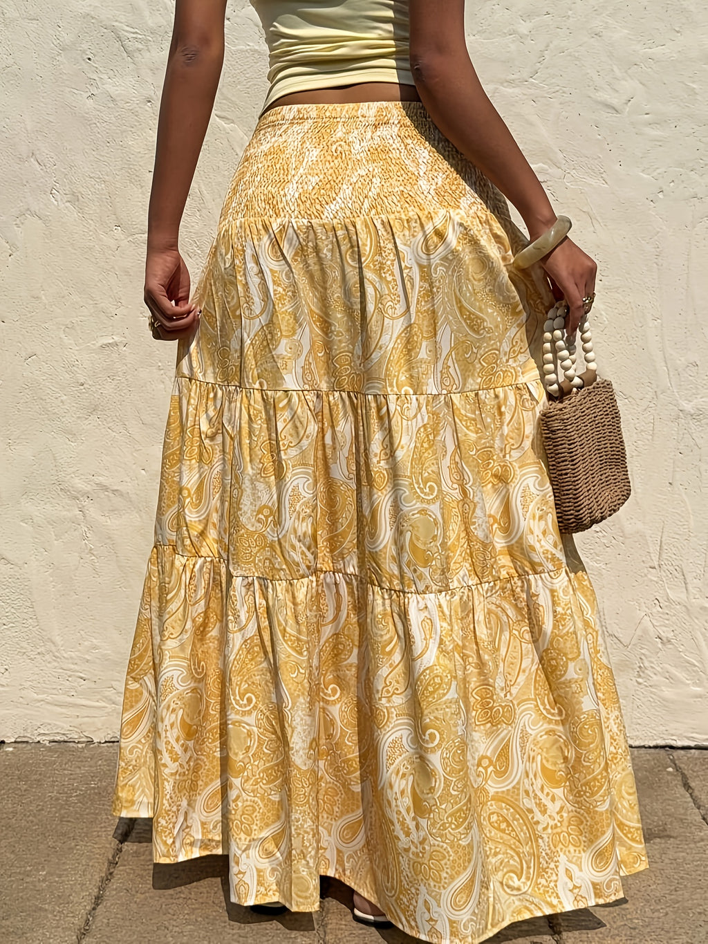 Women'S Bohemian Floral Print Maxi Skirt with Drawstring Waist - A-Line Flowy Skirt for Spring/Summer Vacation & Casual Outfits, Pink & White Floral Pattern, Lightweight Polyester Fabric, Vacation Clothing | Bohemian Style | Lightweight Fabric - Yellow