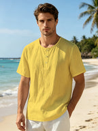Men's Summer Linen Short-Sleeve T-Shirt, Casual Crew Neck Top, Breathable Lightweight Beachwear - Yellow