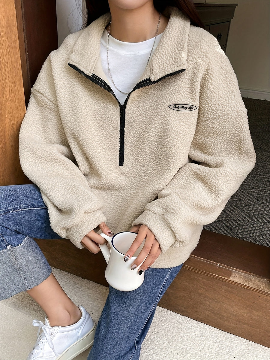 Applique Detail Drop Shoulder Half-Zip Fleece Sweatshirt, Perfect Choice for Women'S Fall Winter - Apricot