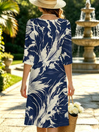Navy Floral Print Women'S V-Neck 3/4 Sleeve All-Over Print Midi Dress, Fashion Front Slit Dress, Versatile for Daily Commute, Home & Dates, Ideal Gift Choice - Multicolor