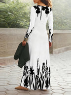 Casual Style Black Floral Pattern Printed Design Women'S Dress - White