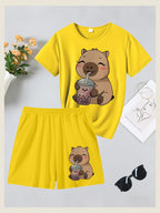 2pcs Women's Spring Summer Short Sleeve & Shorts Matching Outfit - Capybara Print Pajamas Gym Wear Sleepwear, Soft Breathable Pajamas, Valentine's Day Gift, Machine Washable 2pcs Set - Yellow+yellow