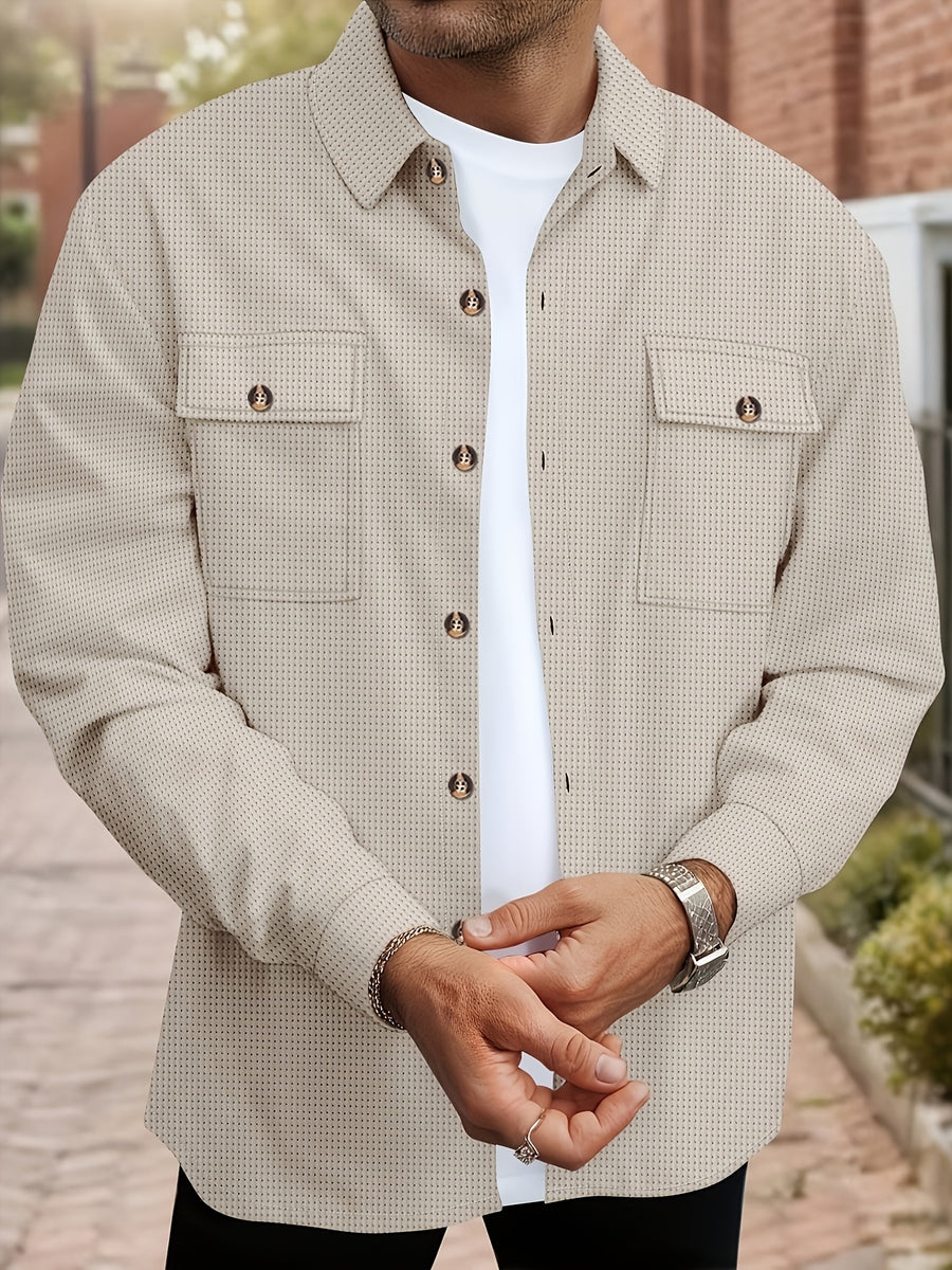 Men'S Waffle Knit Long Sleeve Button-Up Shirt, Casual Lapel Workwear with Chest Pocket, Lightweight And Breathable Daily Top, Autumn Menswear - Khaki