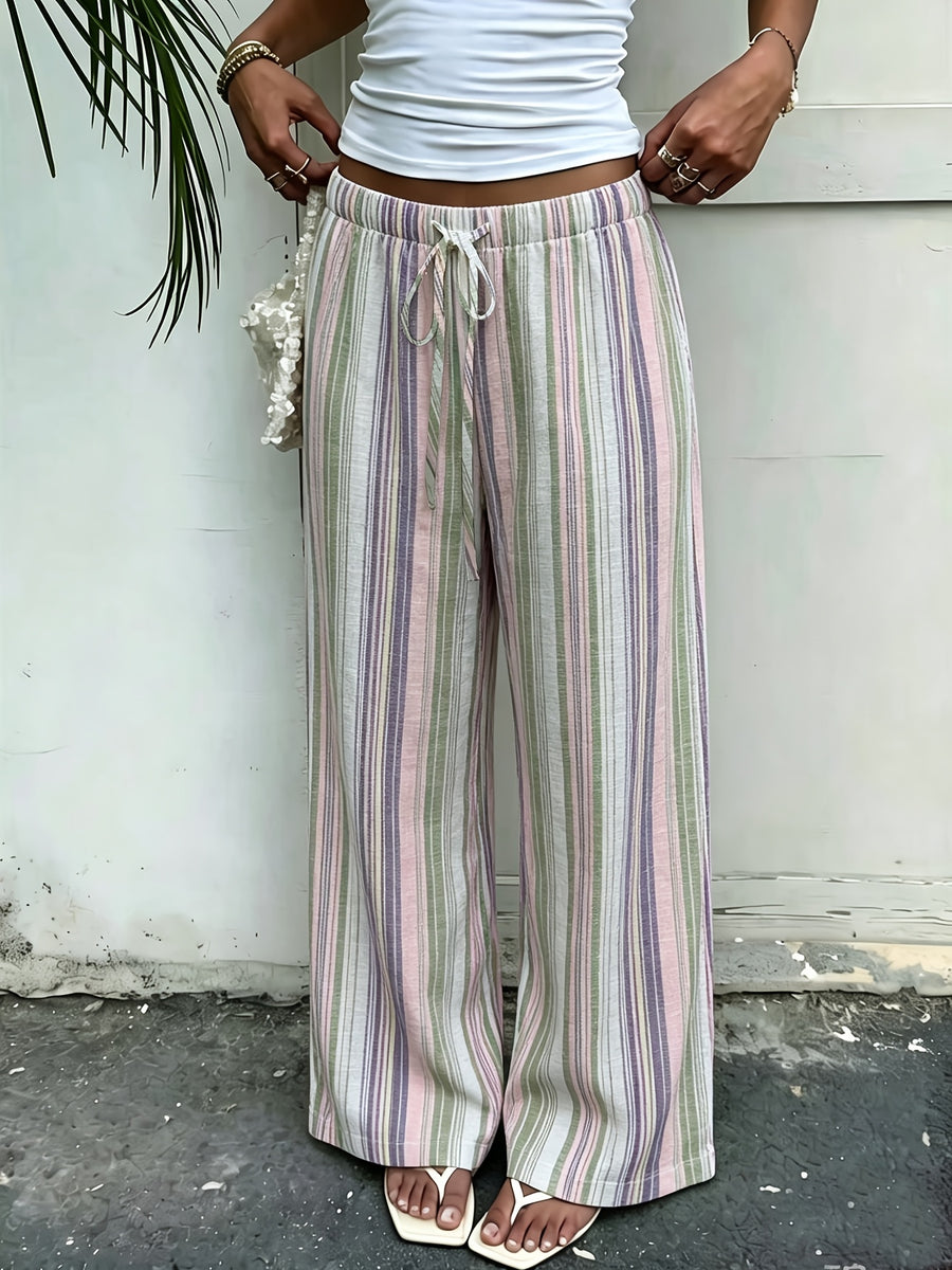 A Comfortable and Stylish Women's Striped Casual Pants, Suitable for Vacation Leisure, Office Wear, and Daily Outings. - Matcha Color