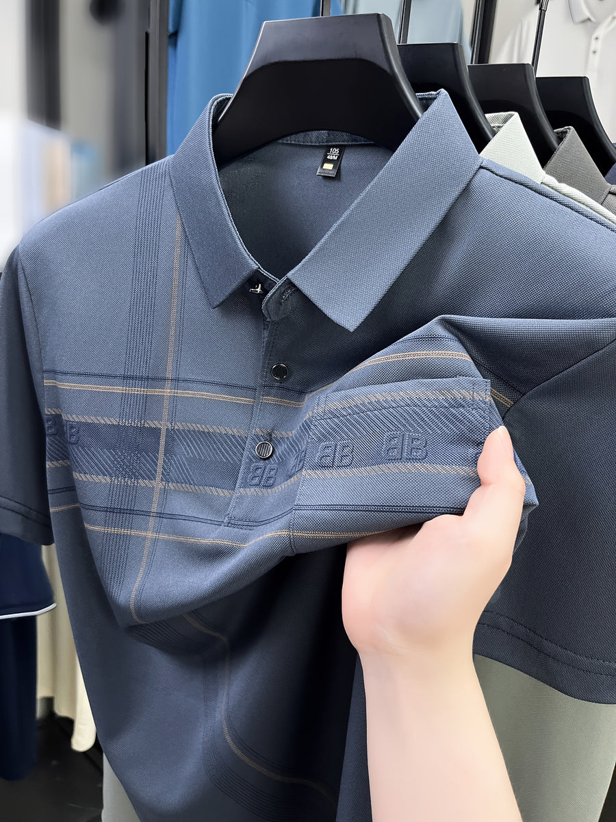 New Spring/Summer Men's Polo Shirt, Striped Contrast Color Half-Placket Single-Breasted Lapel Short-Sleeve T-Shirt, Men's Business Casual Fashionable Breathable Versatile Pullover Base Layer Top with Chest Pocket, Suitable for Spring and Summer - Fog Blue