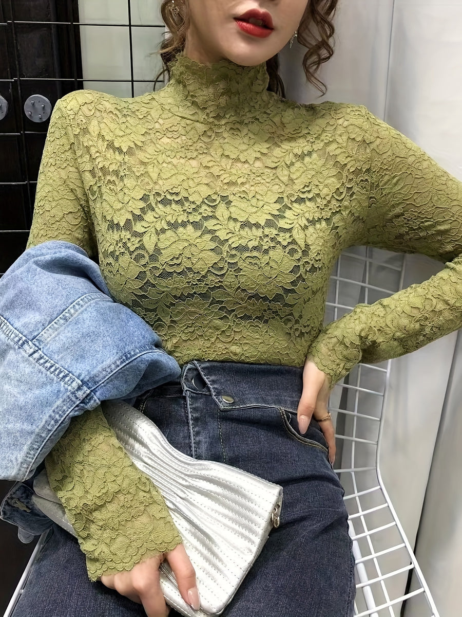 Lace Mock Neck Slim Top, Sexy Long Sleeve Top For Spring & Fall, Women's Clothing - Green