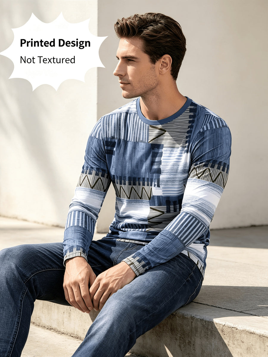 Printed Design - Not Textured Men's Crew Neck Long Sleeve Sweatshirt, Blue and White Color Block, Geometric Stripe Patchwork Art Print, Suitable for All Seasons, Vintage Style, Ideal for Daily Wear, Commuting, Casual, Fashion, Parties - Mixed colors