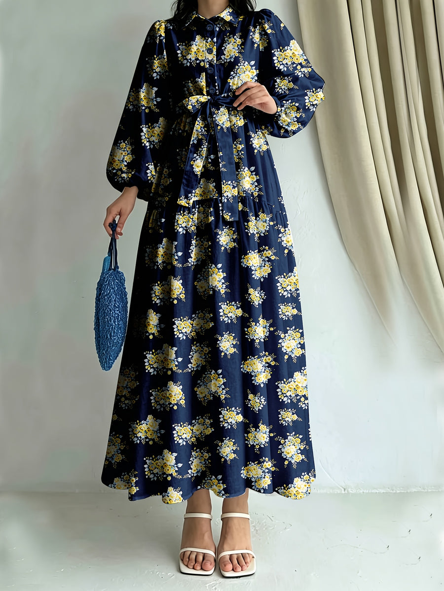 Elegant Printed Long Sleeve Dress for Spring And Autumn, Women'S, Non-Stretchable, Machine Washable - Suitable for All Seasons - Mixed colors