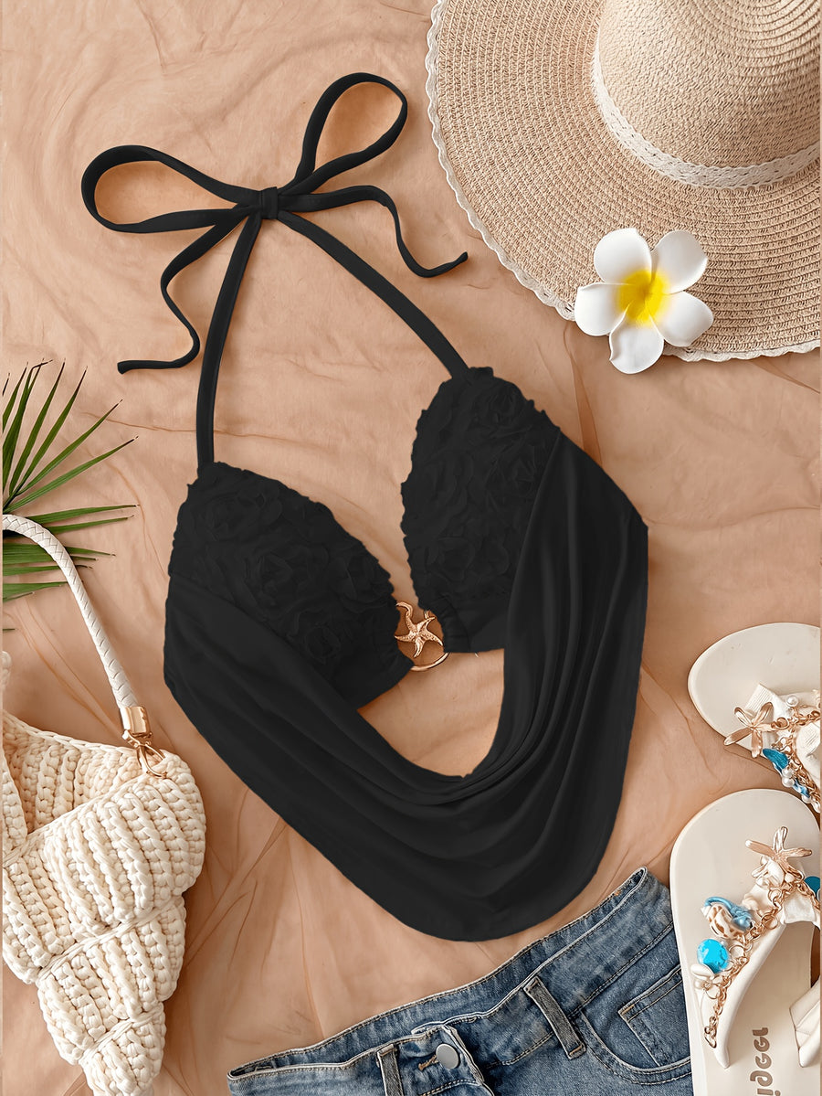 New Summer Y2K Spicy Solid Color Three-Dimensional Floral Print Halter Neck Tube Top, Vacation Style Backless Design Statement Outerwear Spicy Crop Top - Black