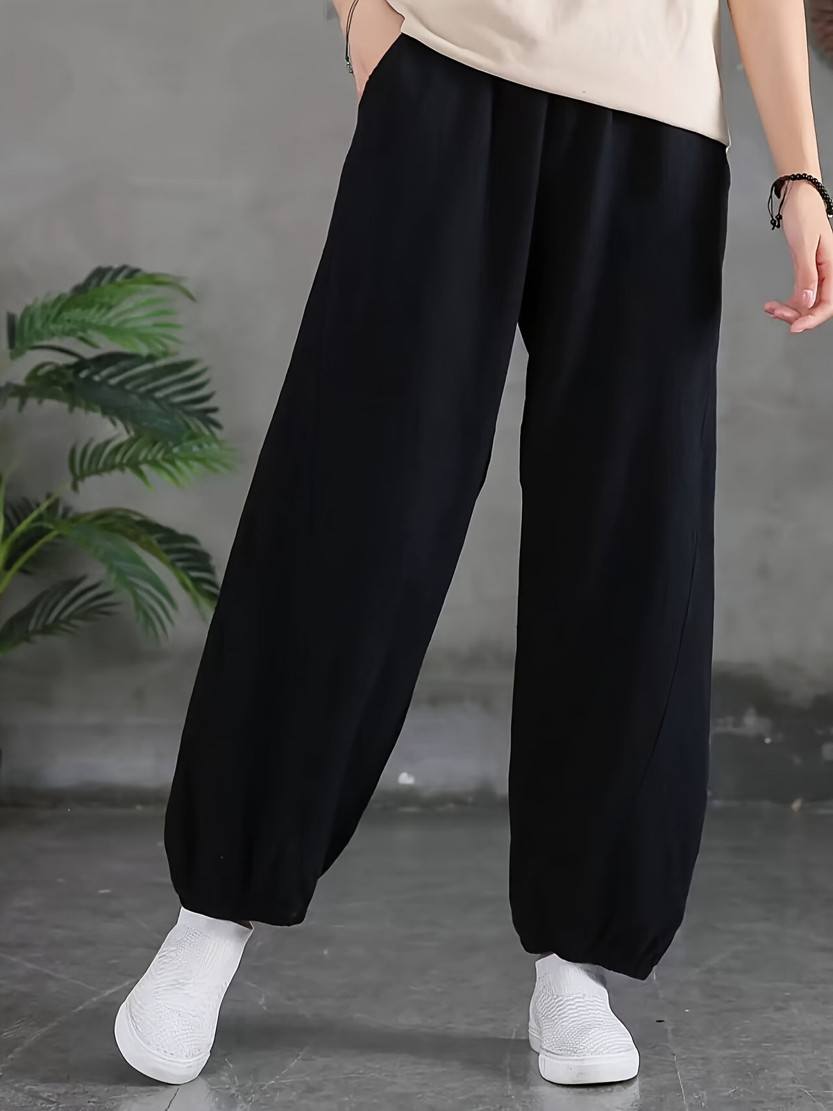 Loose and Breathable Vintage High-waist Tapered Patchwork Casual Wide-leg Long Pants Solid Color Casual Lantern Pants - Black