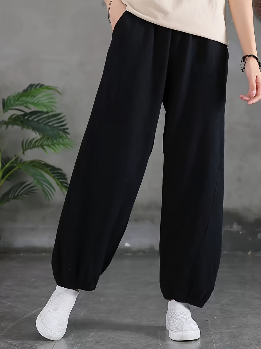 Loose and Breathable Vintage High-waist Tapered Patchwork Casual Wide-leg Long Pants Solid Color Casual Lantern Pants - Black