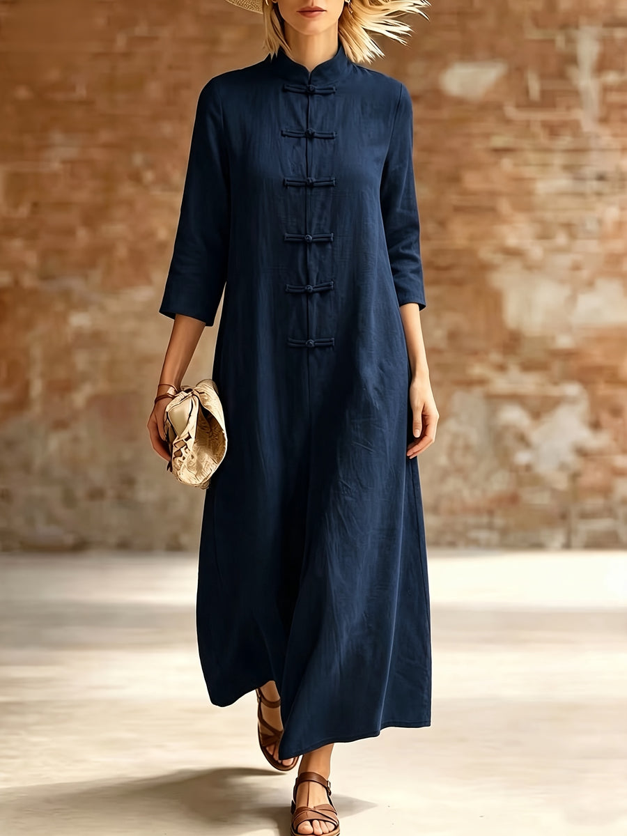 Women's Retro Chinese Mandarin Button-Front Bridesmaid Dress - Stand Collar -Line Maxi Dress with Three-Quarter Sleeves, Stand-Up Collar Button-Front Placket, Loose Wedding Guest Dress Suitable for Autumn, Machine Washable Solid Color - Blue