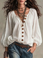 Western Cowgirl Bohemian Loose Blouse for Women, Crinkle Textured Fabric Half Placket Wooden Button Top, Lantern 3/4 Sleeve Flowy Beach Holiday Shirt - White