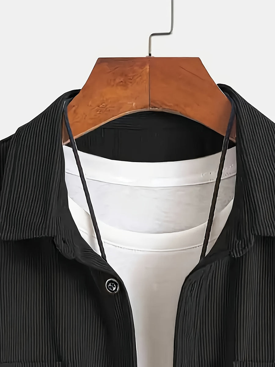 Men's Corduroy Shirt, New Spring/autumn/winter Men's Shirt Jacket, Lapel Collar with Solid Color Snap Button Design, Suitable for Casual Style - Black