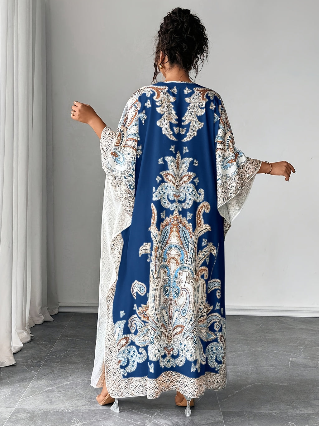 Plus Size - Plus Size - Plus Size Women'S Loose-Fitting Batwing Sleeve Printed Round Neck Dress - Navy Color