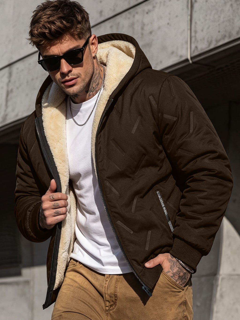 CWPKF Men's Winter Hooded Windproof Jacket with Padded & Zippered Pockets - Thickened Warm Coat Suitable for Weather, Machine Washable Hooded Outerwear for Daily Commute, Outdoor Activities, Gift Choice (Regular Fit) - Coffee Color