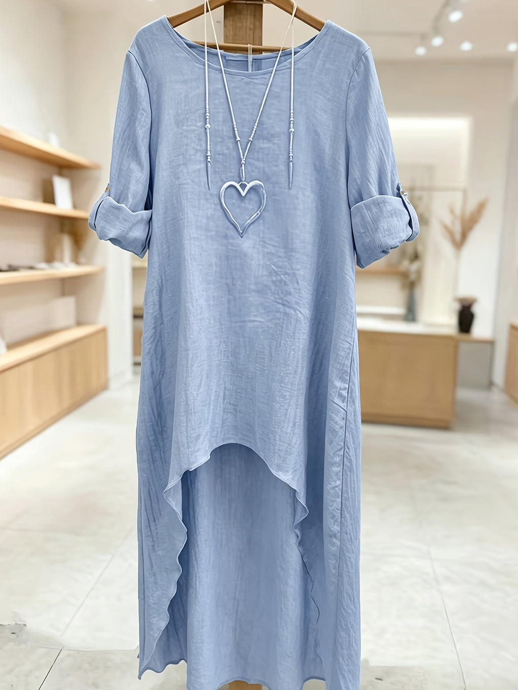 Women' Elegant Asymmetric Oversized Shirt - Loose Fit Long Sleeve Round Neck Blouse with Short Front & Extended Back Length, Layering Piece Suitable for Spring/Fall, Casual to Dressy Wear (No Stretch) - Blue