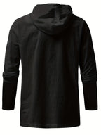 Men's Casual Sports Long Sleeved Hooded Sweatshirt, Drawstring, Solid Color Clothing, Suitable for Daily Use, Casual Exercise Use - Black